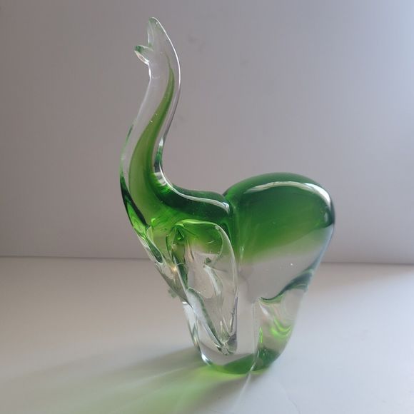 Art Glass Elephant  Vintage Green Murano Style  Figurine Trunk Up heavy 3 Lb 9" - Picture 7 of 11